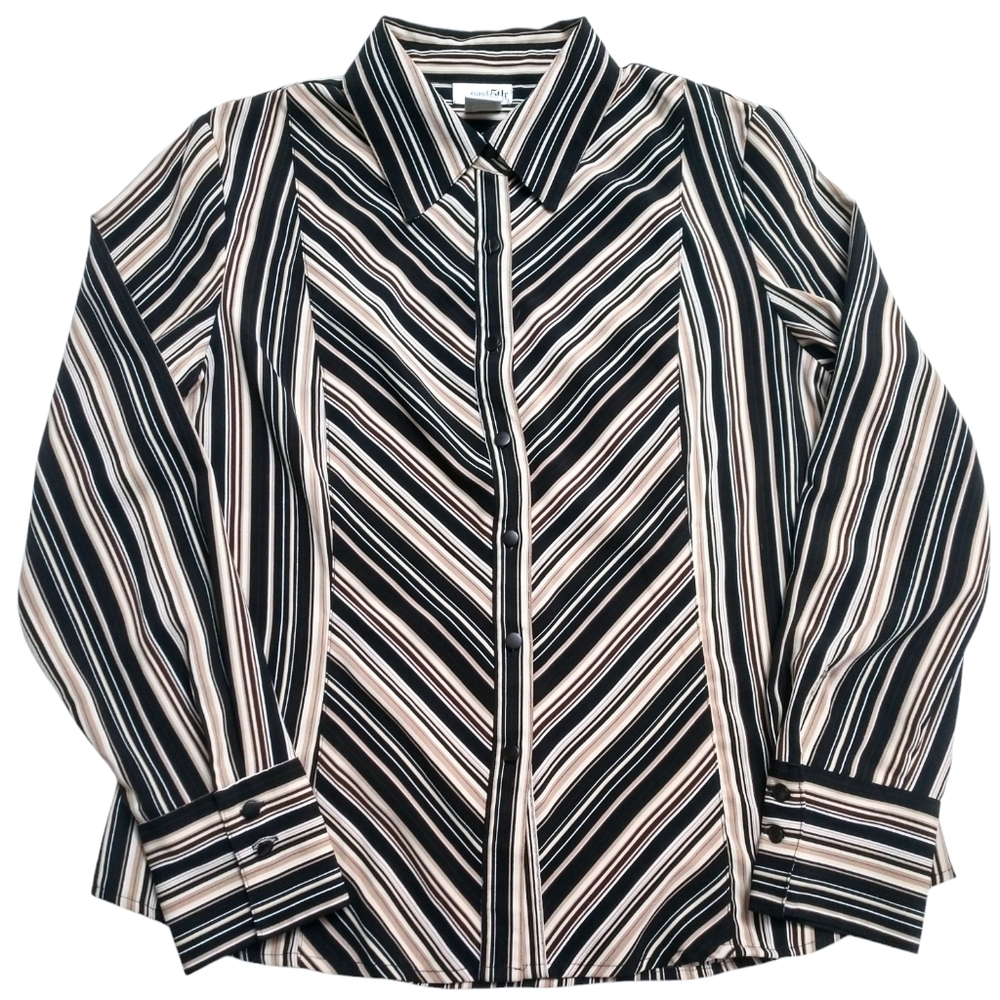 East 5th Women's Button-Down Black/Brown/Tan Striped Shirt MP Medium Petite